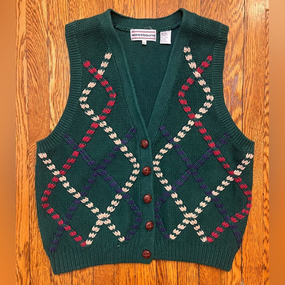 Vintage 90s Green Knit Argyle Sweater Vest with Button Detail